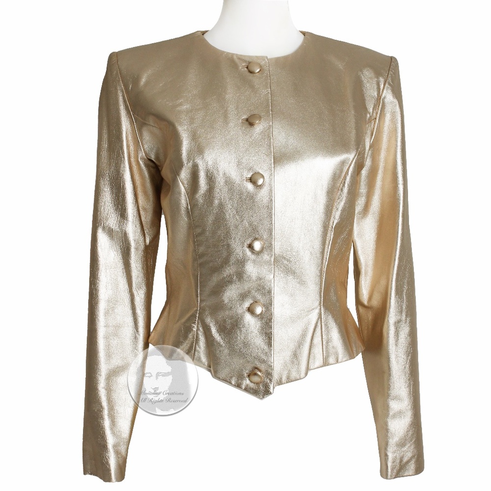Vicky Tiel Couture Jacket Metallic Gold Leather Formal Evening Vintage Size 42